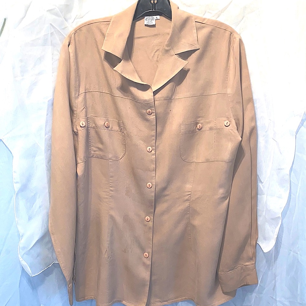 100% SILK UTILITY TAN BUTTON-DOWN BLOUSE SZ L